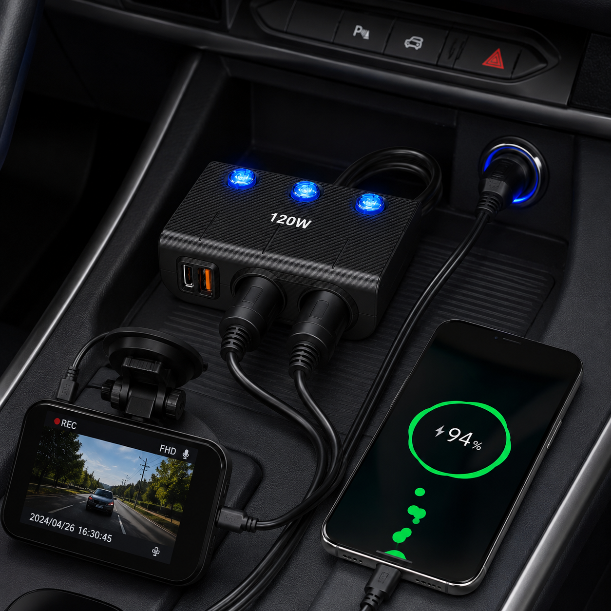 Разклонител за запалка с 2 гнезда, usb + type C 1659